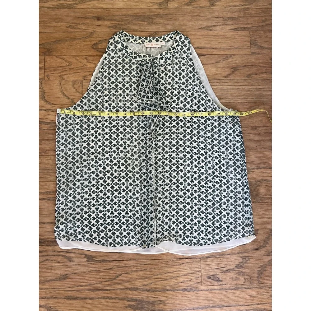 Tory Burch Silk Ruffle Sleeveless Blouse Green Cream Chain Link Print Size 14